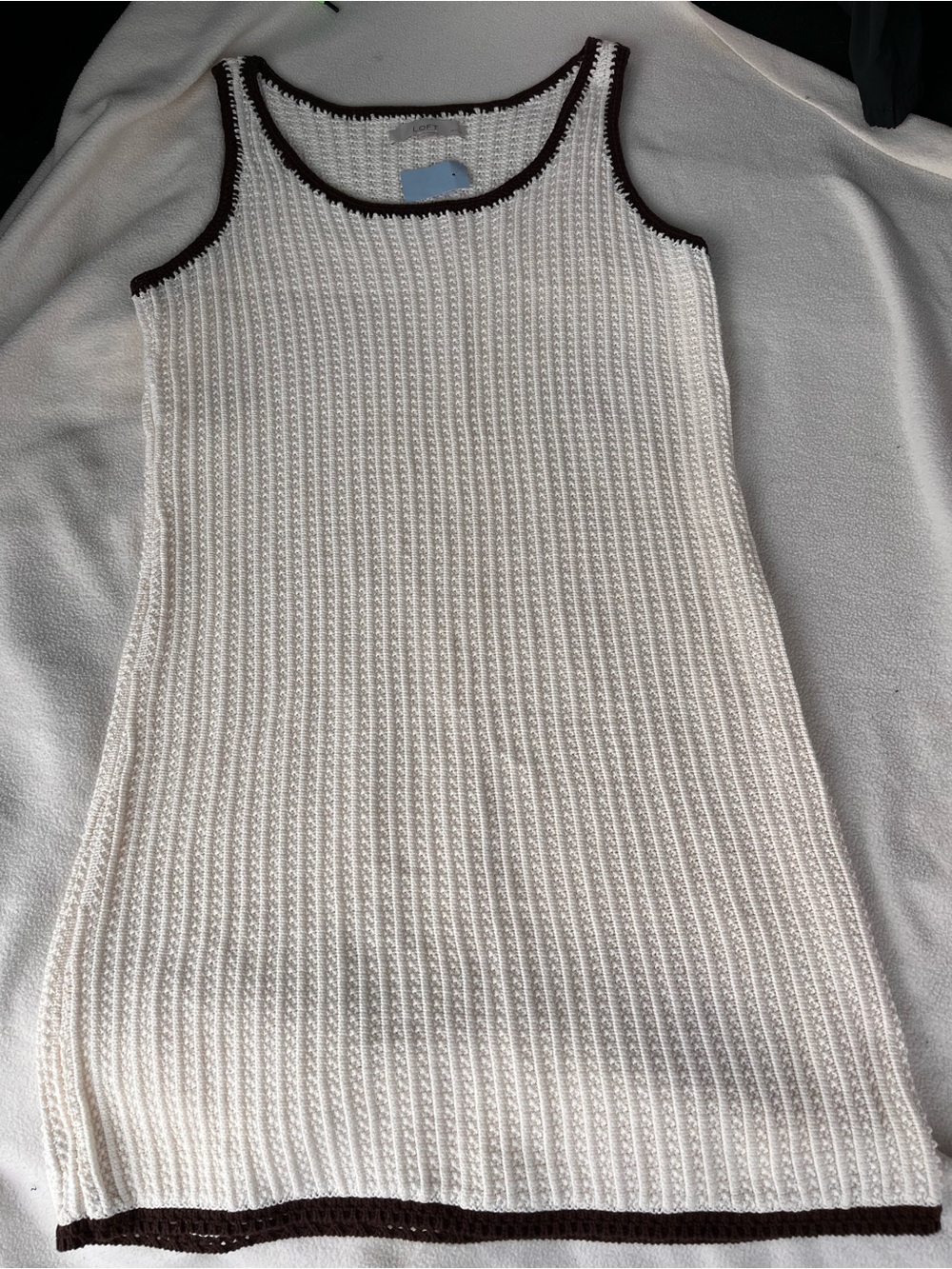 Women's LOFT Cream Ribbed Knit Tank Sweater dress with Brown Trim Petite Large